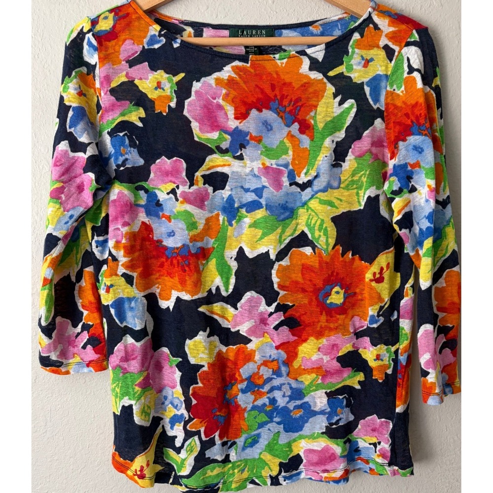 Lauren Ralph Lauren Women Floral Print Linen Knit Top Small 3/4 Sleeve Boat Neck
